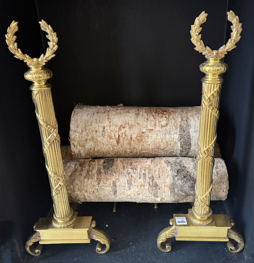Pair of Antique French Classical Andirons: Pair of antique French classical andirons having wreath finial design, 23" x 9" x 7". PLEASE NOTE: Item to be picked up at 129 Commonwealth Ave, Boston. Deadline for pick-up is May 15th. Please call