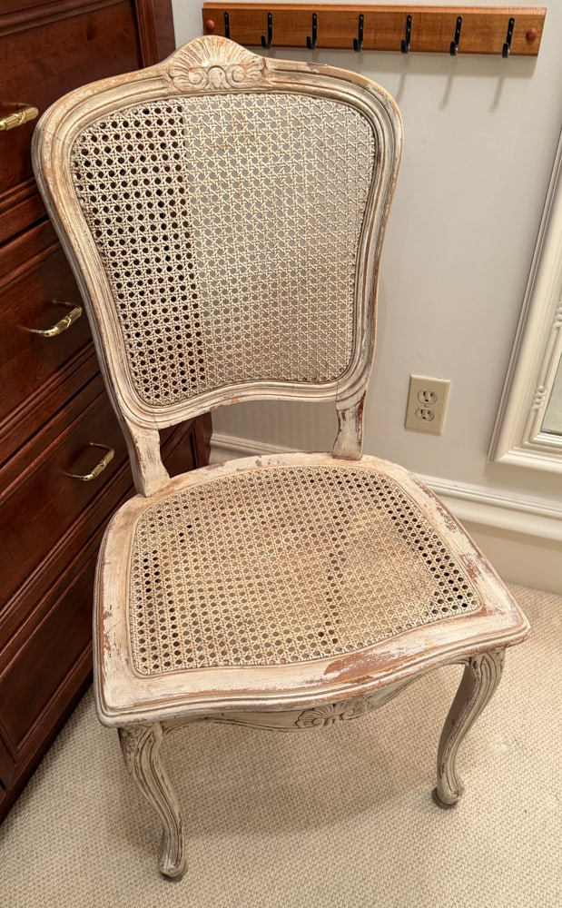 French-style Painted Chair with Cane Back and Seat: French-style painted chair having cane back and seat, 38" H x 19" W x 17" D. PLEASE NOTE: Item to be picked up at 129 Commonwealth Ave, Boston. Deadline for pick-up is May 15th. Please call our front
