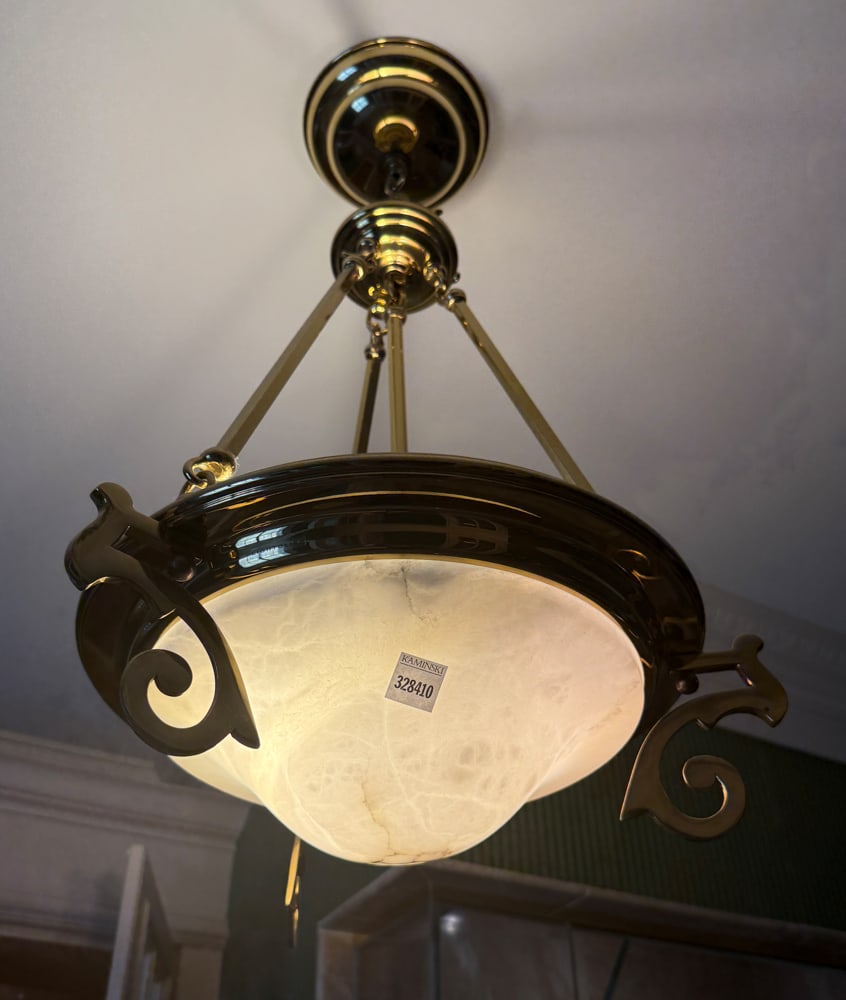 Custom Brass Ceiling Fixture: Custom brass ceiling fixture, 29" H x 12" diameter. PLEASE NOTE: Item to be picked up at 129 Commonwealth Ave, Boston. Deadline for pick-up is May 15th. Please call our front desk at 978-927-2223 to s