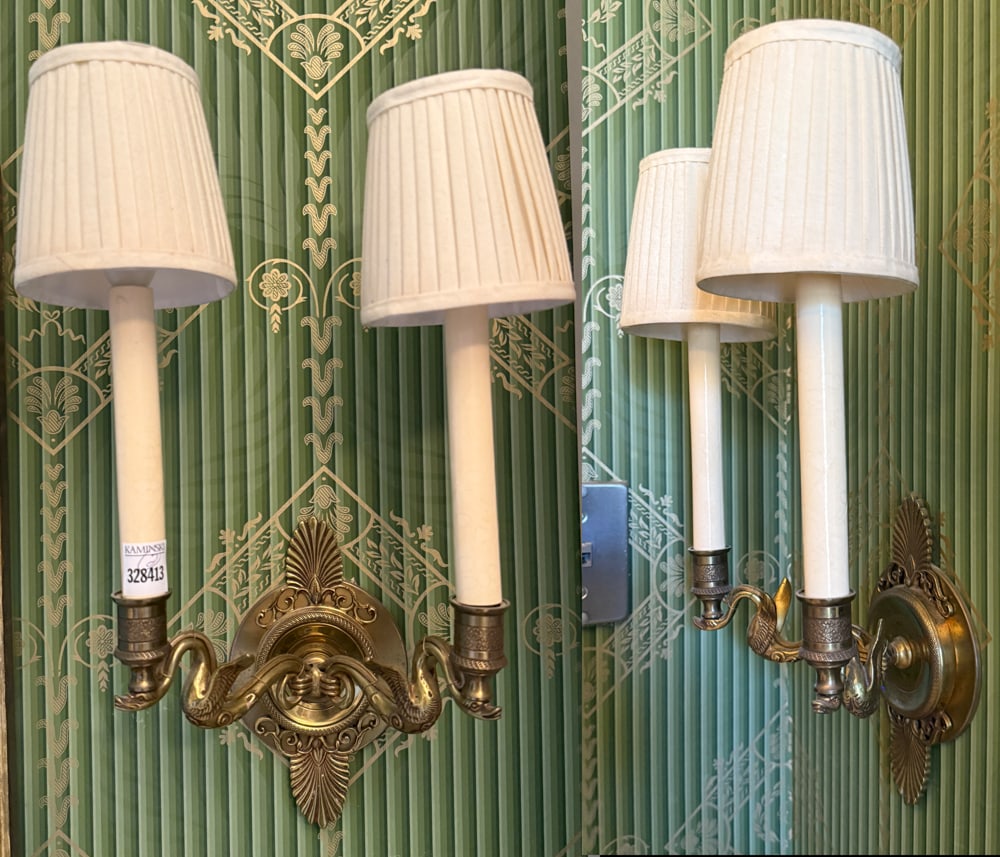 Pair of French Empire Bronze Wall Sconces: Pair of French Empire bronze double-light wall sconces, having swan-shape arms, 15 1/2" H x 10" W x 4" D. PLEASE NOTE: Item to be picked up at 129 Commonwealth Ave, Boston. Deadline for pick-up is