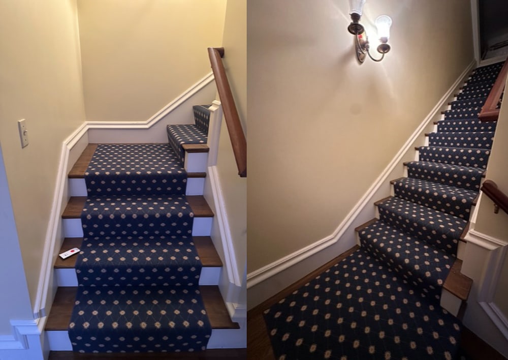 Custom-made Blue Staircase Rug with Floral Border: Custom-made blue staircase rug having a gold floral design on border. 2' 5" W x 28' L. PLEASE NOTE: Item to be picked up at 129 Commonwealth Ave, Boston. Deadline for pick-up is May 15th. Please call