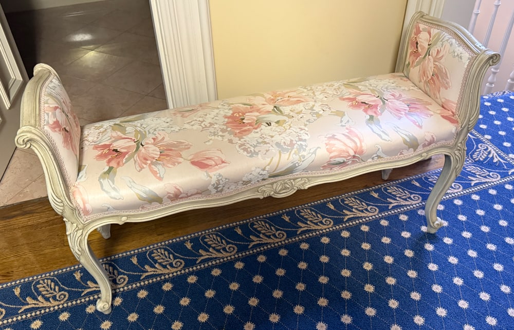 Louis XVI Style Painted Upholstered Bench: Louis XVI-style painted and floral upholstered bench, 25" H x 46" W x 15" D. PLEASE NOTE: Item to be picked up at 129 Commonwealth Ave, Boston. Deadline for pick-up is May 15th. Please call our front