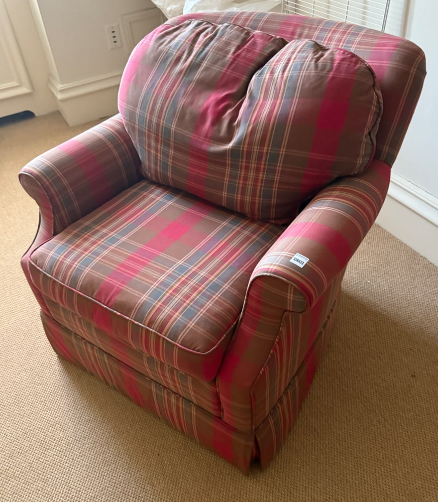 Club Chair with Tartan Design Upholstery: Club chair having tartan design upholstery, 28" H x 32" W x 35" D. Good condition. PLEASE NOTE: Item to be picked up at 129 Commonwealth Ave, Boston. Deadline for pick-up is May 15th. Please call our