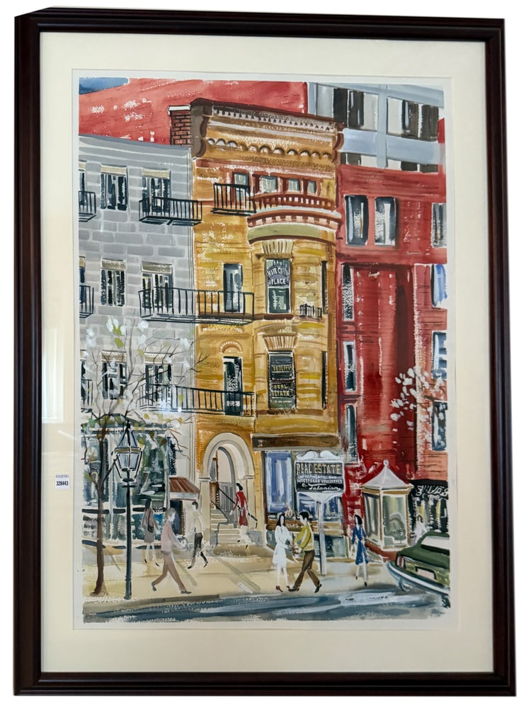 Paul Shea, View of Newbury St., Boston, Watercolor: Paul Shea, view of Newbury St., Boston, including Talanian Realty, watercolor, signed L/R, 36" x 26", framed 45" x 34". PLEASE NOTE: Item to be picked up at 129 Commonwealth Ave, Boston. Deadline for 