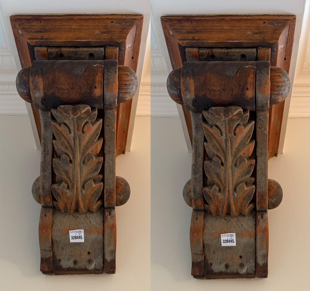 Pair of Antique Wood Corbels: Pair of antique wood corbels, 10" H x 8" W x 10 1/2" D. PLEASE NOTE: Item to be picked up at 129 Commonwealth Ave, Boston. Deadline for pick-up is May 15th. Please call our front desk at 978-927-2223 