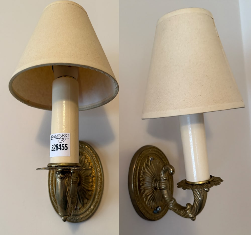 Pair of Vintage Brass Wall Sconces: Pair of vintage brass wall sconces, 12" H x 4" W x 7" D. PLEASE NOTE: Item to be picked up at 129 Commonwealth Ave, Boston. Deadline for pick-up is May 15th. Please call our front desk at