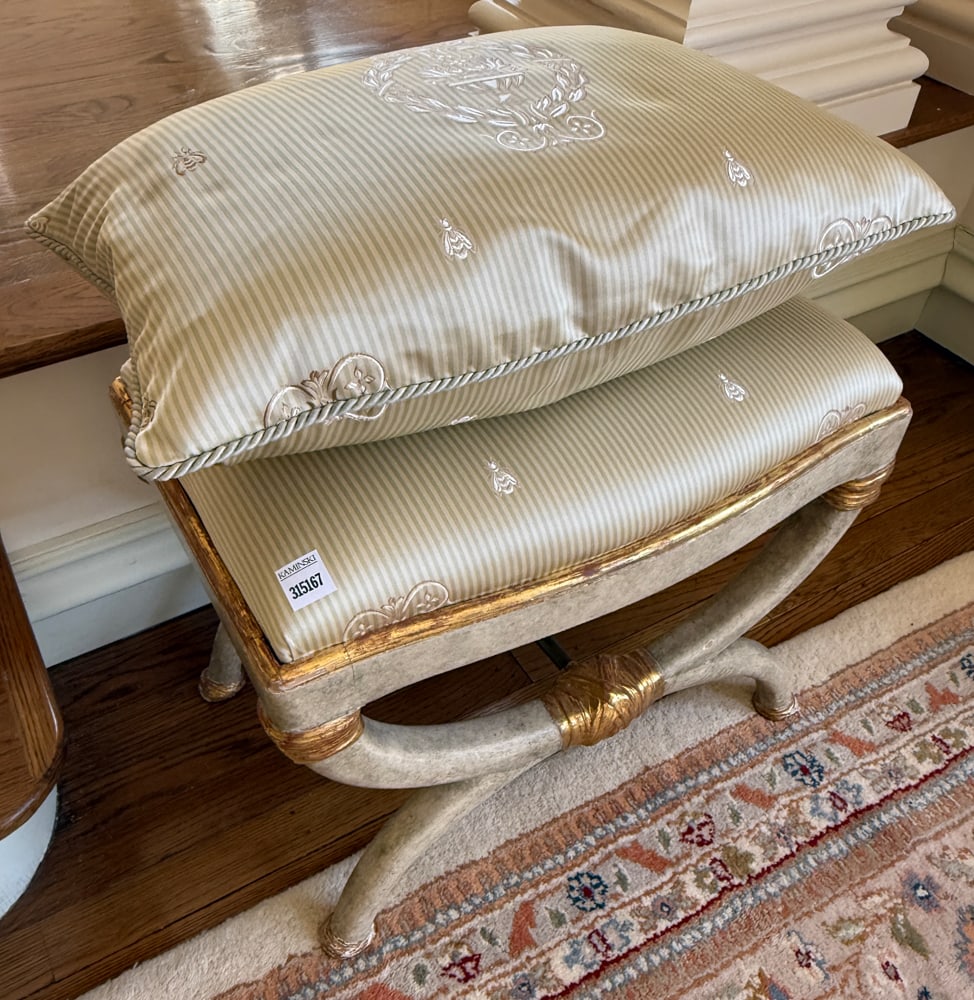 Neoclassical Gilded and Painted Wood Stool: Neoclassical gilded and painted wood stool, 22" H x 20" W x 13" D. PLEASE NOTE: Item to be picked up at 129 Commonwealth Ave, Boston. Deadline for pick-up is May 15th. Please call our front desk at 97