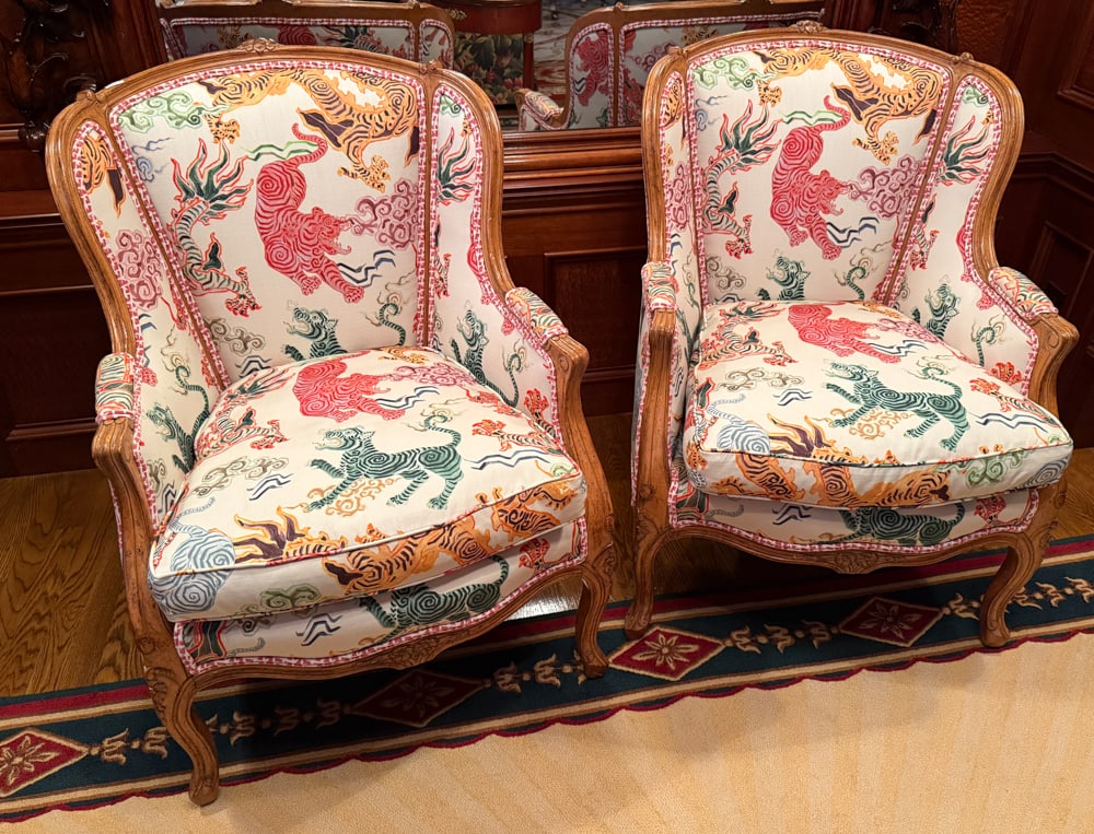 Pair of French Bergeres with Animal Motif Upholstery: Pair of French bergeres having fine animal motif upholstery, 38" H x 27" W x 31" D. PLEASE NOTE: Item to be picked up at 129 Commonwealth Ave, Boston. Deadline for pick-up is May 15th. Please call our
