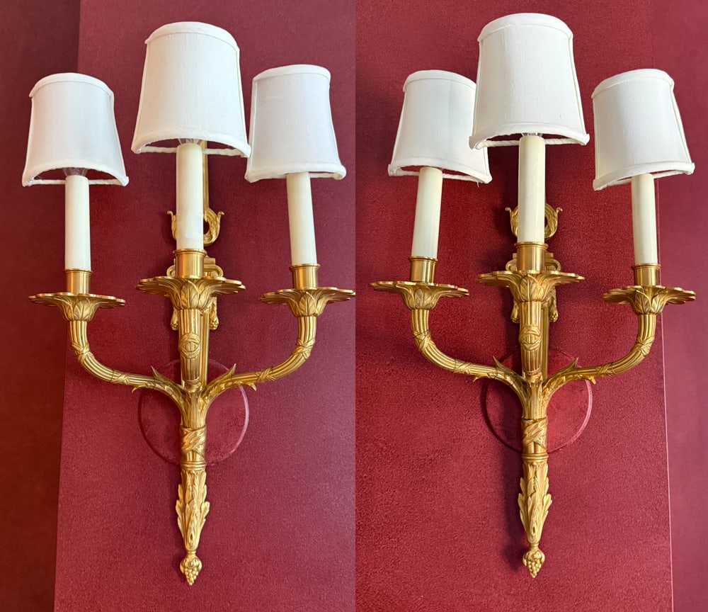 Pair of French-style Gilt Bronze Wall Sconces: Pair of French-style gilt bronze wall sconces, 25" H x 14" W x 8" D. PLEASE NOTE: Item to be picked up at 129 Commonwealth Ave, Boston. Deadline for pick-up is May 15th. Please call our front desk at 