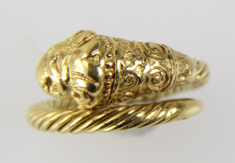 22k Gold Lion Head Ring: 22k gold lion head ring, size 5. Approximately 8.93 grams TW. Provenance: Miami Beach, Florida collection. PLEASE NOTE: payment for silver, gold, jewelry, and coins must be made via wire transfer, cas
