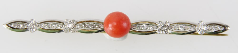 18k French Gold and Platinum Pin with Coral and Diamonds: 18k French gold and platinum bar pin with coral and diamonds, 3" L. Approximately 7.46 grams TW with stones. Provenance: Miami Beach, Florida collection. PLEASE NOTE: payment for silver, gold,