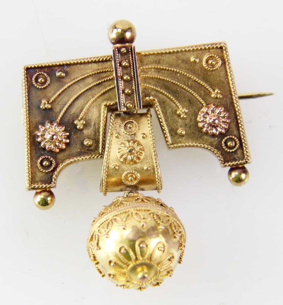15k Gold Victorian Pin: 15k gold Victorian pin. Approximately 7.63 grams TW. Provenance: Miami Beach, Florida collection. PLEASE NOTE: payment for silver, gold, jewelry, and coins must be made via wire transfer, cash, or cer