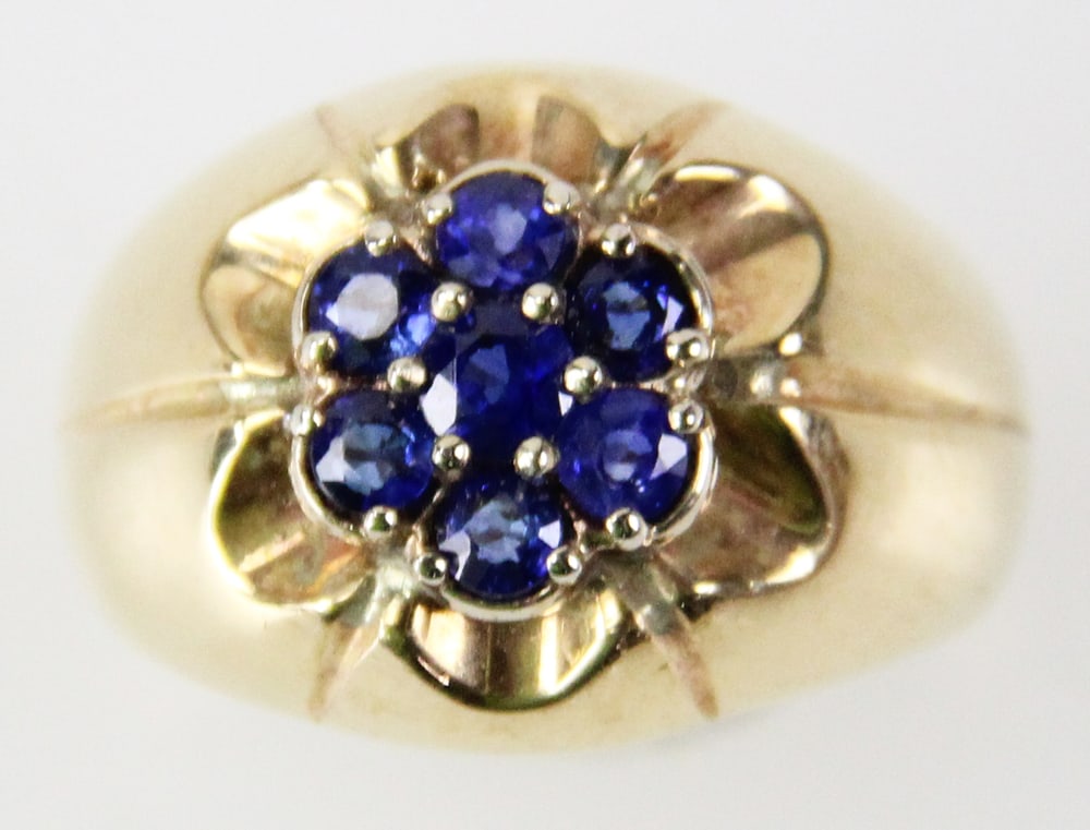 14k Gold and Opalite Cluster Ring: 14k gold ring with (7) small opalites in a cluster, size 5. Approximately 8.50 grams TW with stones. Provenance: Miami Beach, Florida collection. PLEASE NOTE: payment for silver, gold, jewelry, and co