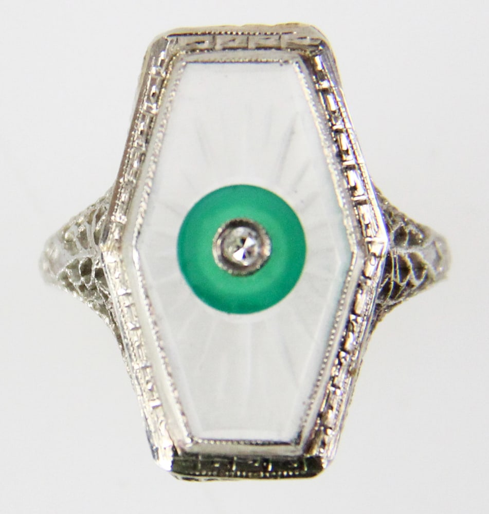 14k Gold Crystal and Chrysoprase Diamond Ring: 14k gold, crystal and chrysoprase ring with diamond, size 6. Approximately 2.79 grams TW with stone. Provenance: Miami Beach, Florida collection. PLEASE NOTE: payment for silver, gold, jewelry, and