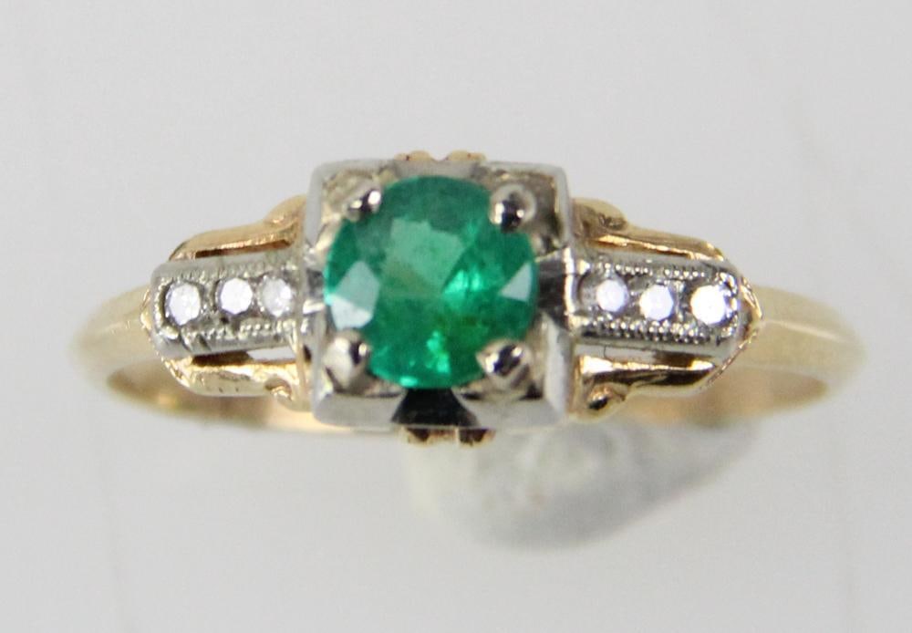 Circa 1920 Gold Emerald Ring: 14-18k gold ring with 0.30 ct emerald, circa 1920, size 6 1/2. Approximately 1.87 grams TW with stone. Provenance: Miami Beach, Florida collection. PLEASE NOTE: payment for silver, gold, jewelry, and 