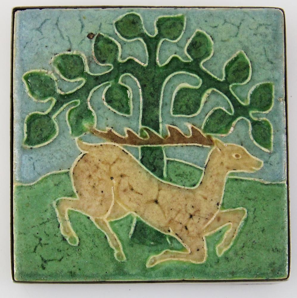 George Kendrick Grueby Tile Sterling Trivet, Circa 1908: Grueby tile in sterling trivet frame, circa 1908, by George Kendrick, 4" x 4". Provenance: Marblehead, Massachusetts collection. PLEASE NOTE: payment for silver, gold, jewelry, and coins must be made 