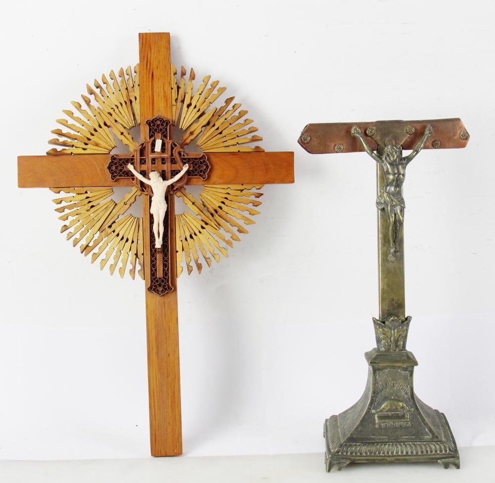 Two Crosses, Metal and Brass, and Folk Art: Two crosses, to include: metal and brass, 16" x 6"; Folk Art, 20" x 13". Provenance: Marblehead, Massachusetts collection.