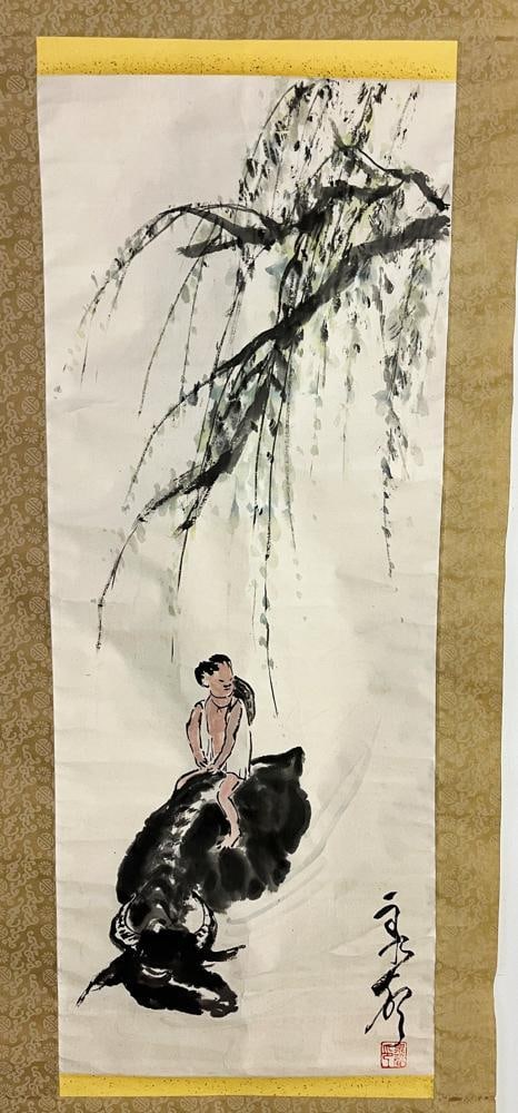 Two Chinese Watercolor Scrolls, Owl, Man on Water Buffalo - 10