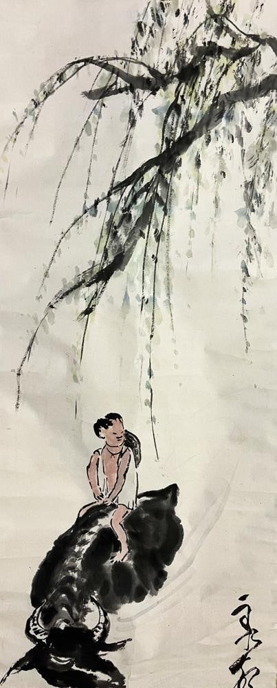 Two Chinese Watercolor Scrolls, Owl, Man on Water Buffalo - 11