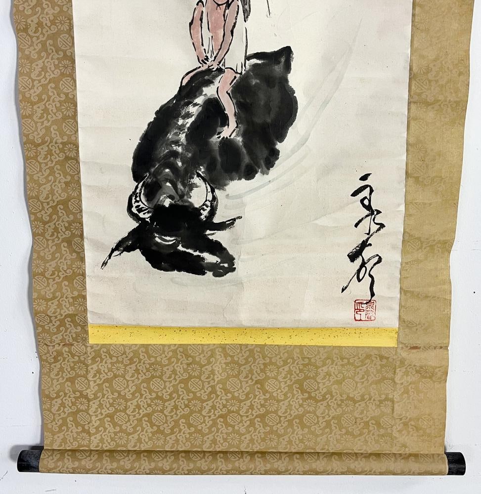 Two Chinese Watercolor Scrolls, Owl, Man on Water Buffalo - 14