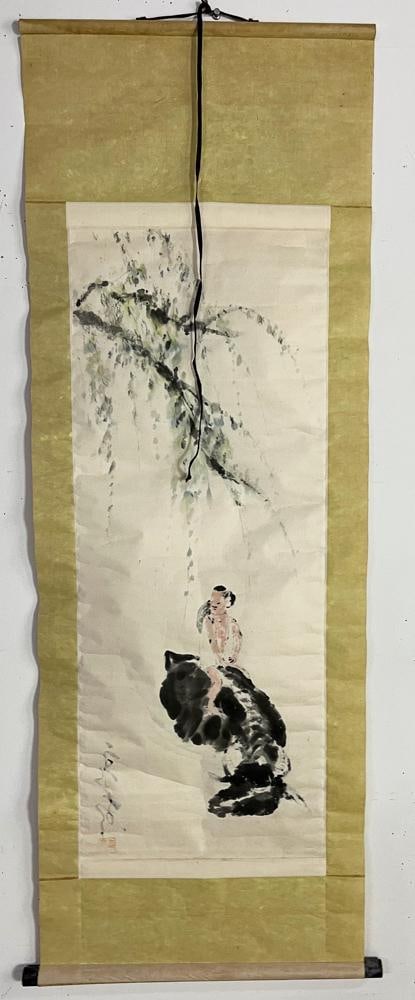 Two Chinese Watercolor Scrolls, Owl, Man on Water Buffalo - 15