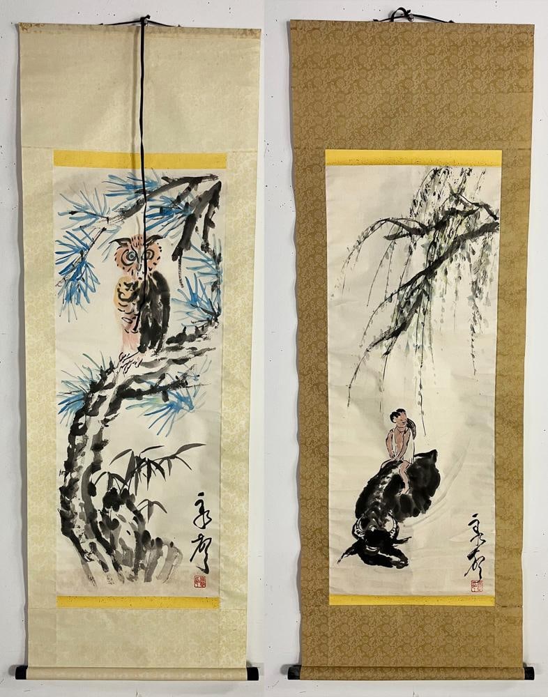 Two Chinese Watercolor Scrolls: Two Chinese watercolor scrolls, 31" x 12", and 32" x 12". Provenance: Dorchester, Massachusetts collection.
