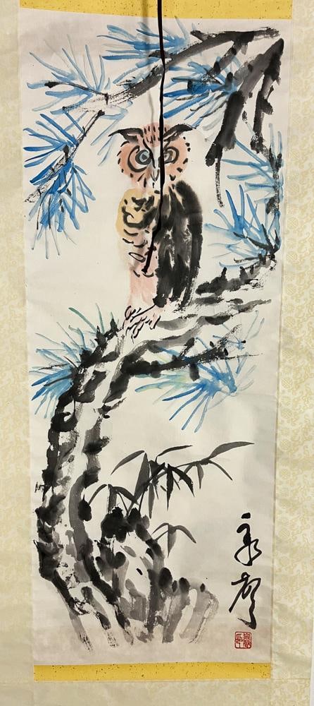 Two Chinese Watercolor Scrolls, Owl, Man on Water Buffalo - 3