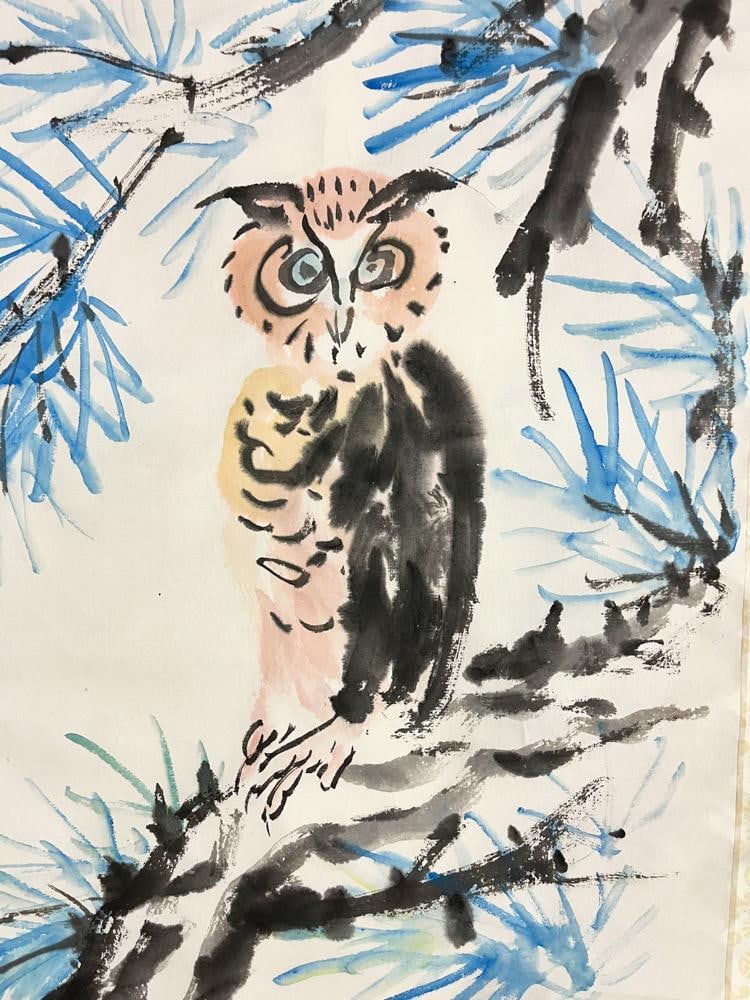 Two Chinese Watercolor Scrolls, Owl, Man on Water Buffalo - 4