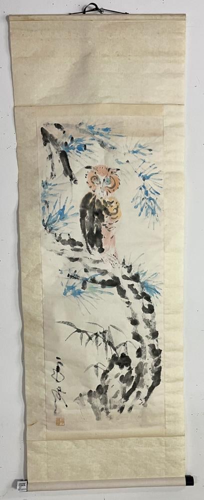 Two Chinese Watercolor Scrolls, Owl, Man on Water Buffalo - 7