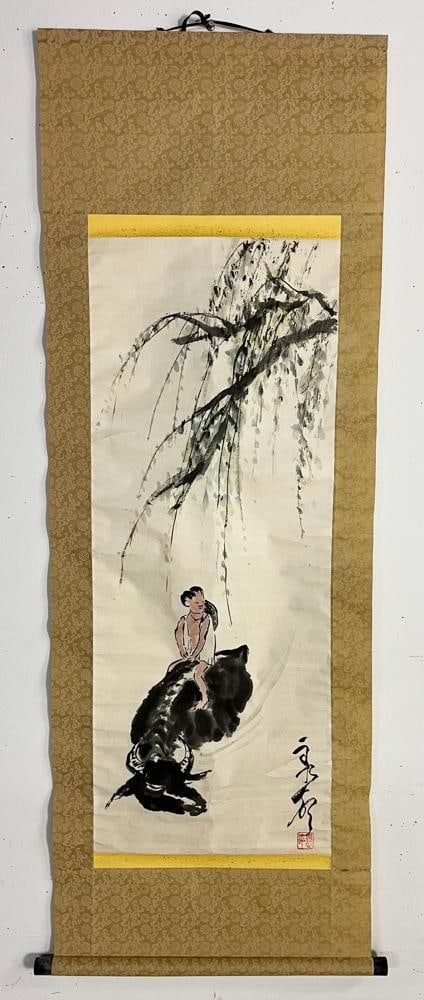 Two Chinese Watercolor Scrolls, Owl, Man on Water Buffalo - 9