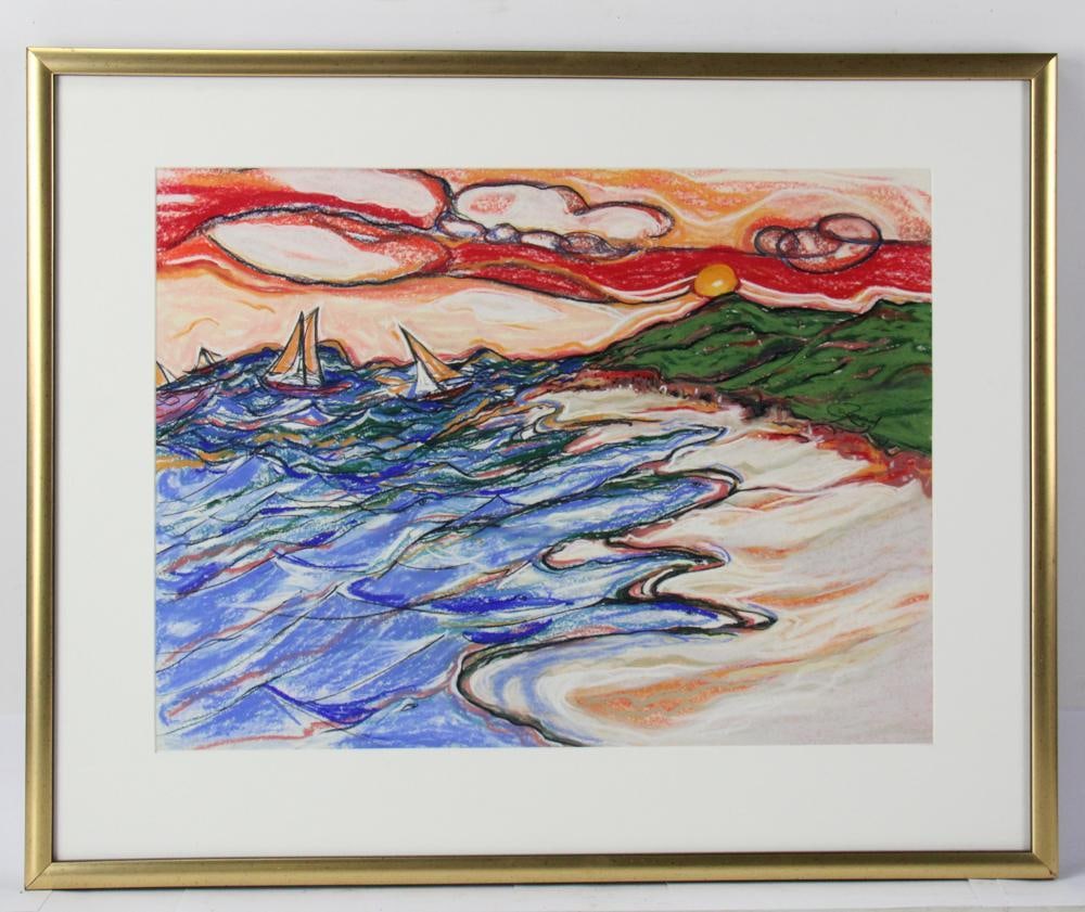 Abstract Coastal Scene With Sailing Ships: Abstract coastal scene with sailing ships, textured brush strokes on board, organic shapes, signed indistinctly "Raymond" center right, 18" x 24", framed 25" x 31". Provenance: Marblehead, Massachuset