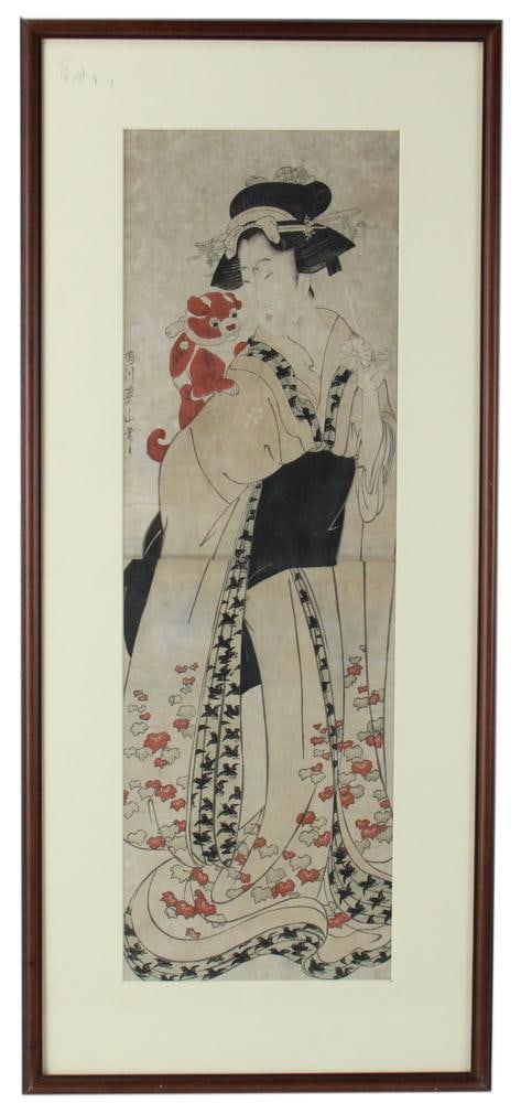Japanese Woodblock Print, Framed: Japanese woodblock print, framed 37" x 16". Provenance: Lexington, Massachusetts collection.