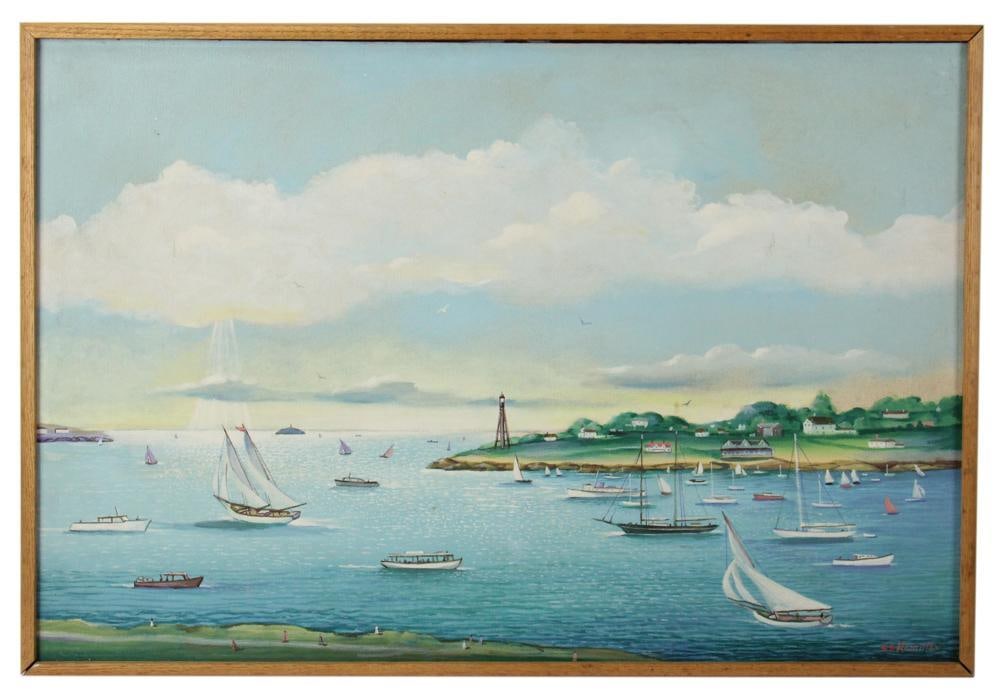 C.S. Hamilton, Marblehead Harbor and Neck, Oil on Board: C.S. Hamilton (American, 1907-1985), Marblehead harbor and neck, oil on board, signed L/R, 24" x 36", framed 25" x 37". Provenance: Marblehead, Massachusetts collection.