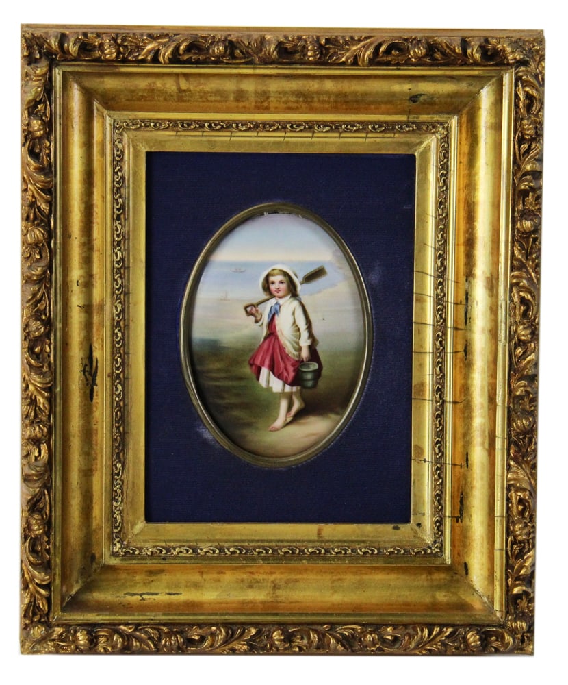 19thC German Oval Portrait of Girl with Shovel and Pail: 19th century German oval portrait of young girl with shovel and pail, 6" x 5", framed 12" x 10". Provenance: Marblehead, Massachusetts collection.
