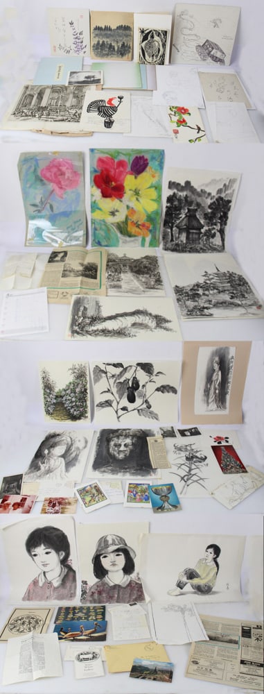 Group of Drawings, Japanese Calligraphy Boards, etc.: Group of drawings, Japanese Zen calligraphy boards, watercolors drawings, etchings, and more. Provenance: South Chatham, Massachusetts collection.
