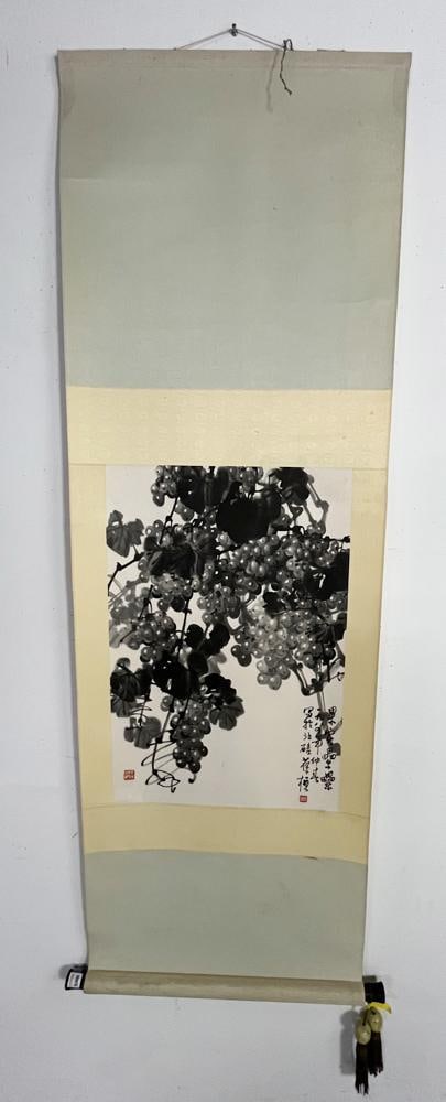 Su Baozhen, Cluster of Grapes, Ink Wash: Su Baozhen (Chinese, 1916-1990), cluster of grapes, ink wash, 26" x 18" (image), 63" x 23" long. Provenance: South Chatham, Massachusetts collection.
