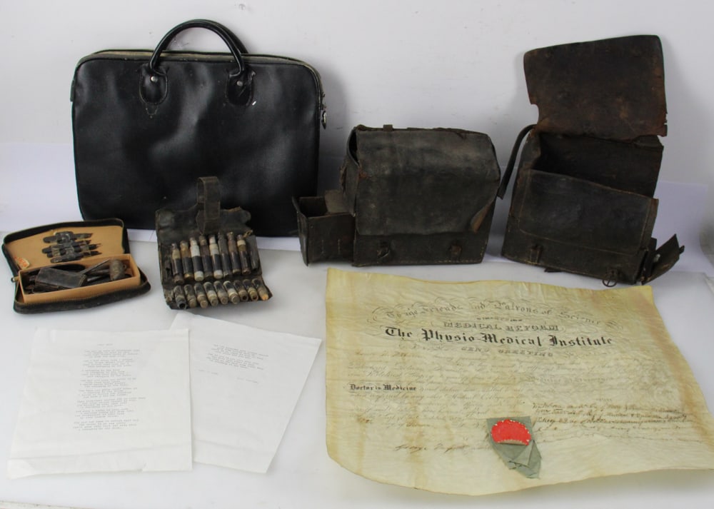 Doctor Henry W. Watkins Leather Bags, Medical School Document: Doctor Henry W. Watkins leather bags, Medical School document. Provenance: South Chatham, Massachusetts collection.