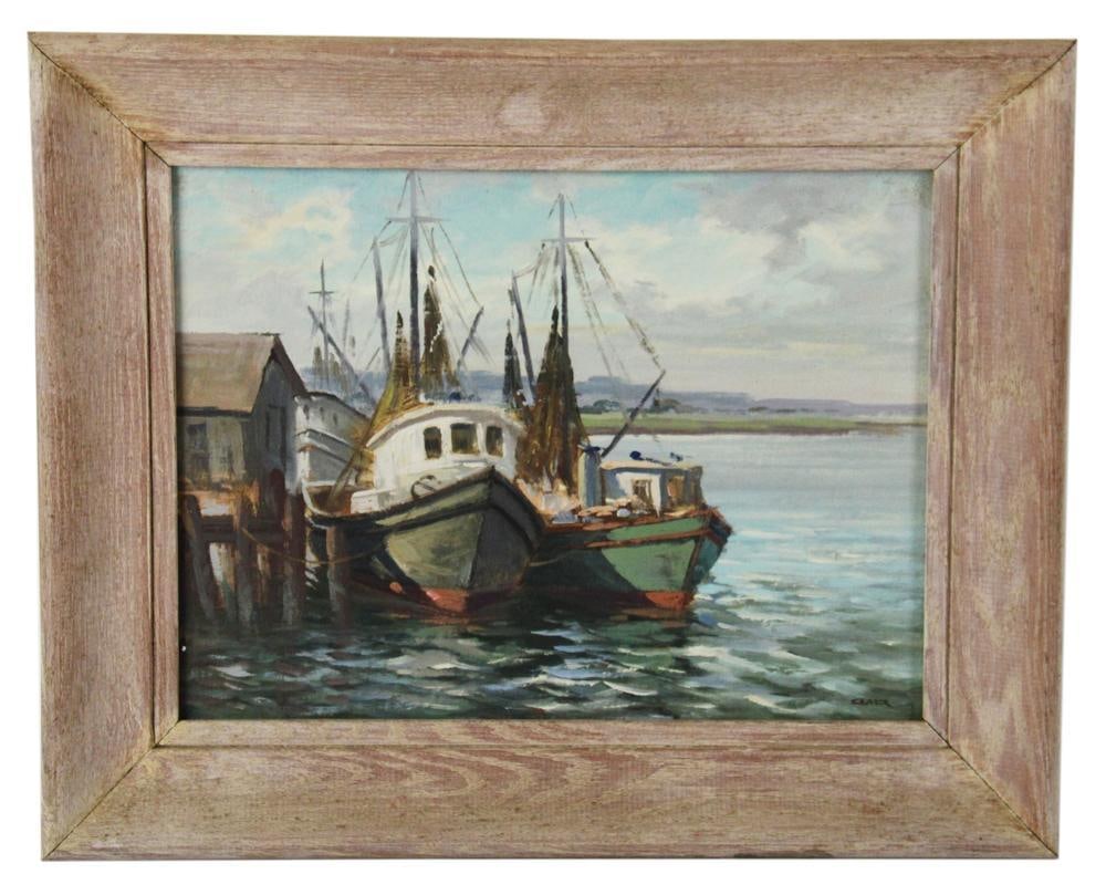 Irene Stry, Fishing Boats Docked, Oil on Canvas: Irene Stry (1904-1963), fishing boats docked at pier, oil on canvas, signed L/R, 12" x 16", framed 17" x 21". Provenance: Holliston, Massachusetts collection.