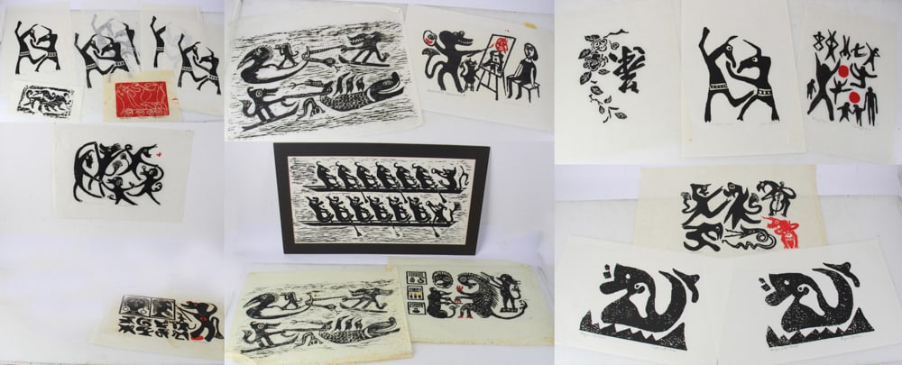 Large Collection of Linocut or Woodcut Prints by Eugene Jackson: Eugene Jackson, large collection of vintage black and white linocut or woodcut block prints, Beauty for the Beast, Owl and the Moon, 13" x 9", etc. Provenance: South Chatham, Massachusetts collection.