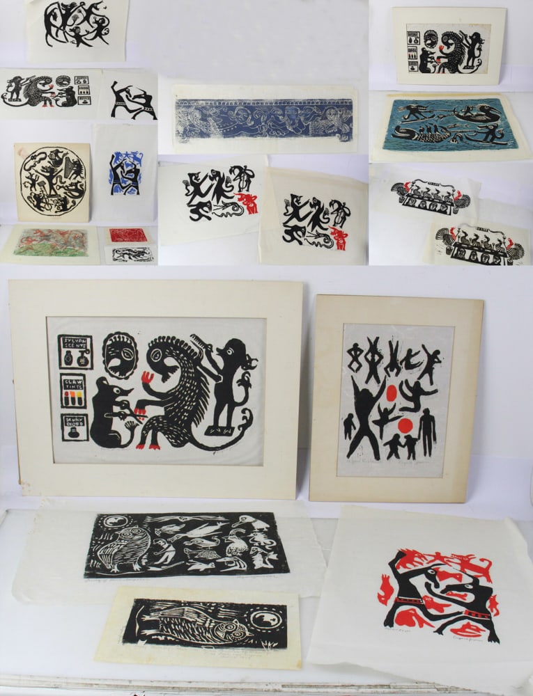 Large Collection of Linocut or Woodcut Prints by Eugene Jackson: Eugene Jackson, large collection of vintage black and white linocut or woodcut block prints, assorted drawings of assorted images. Provenance: South Chatham, Massachusetts collection.