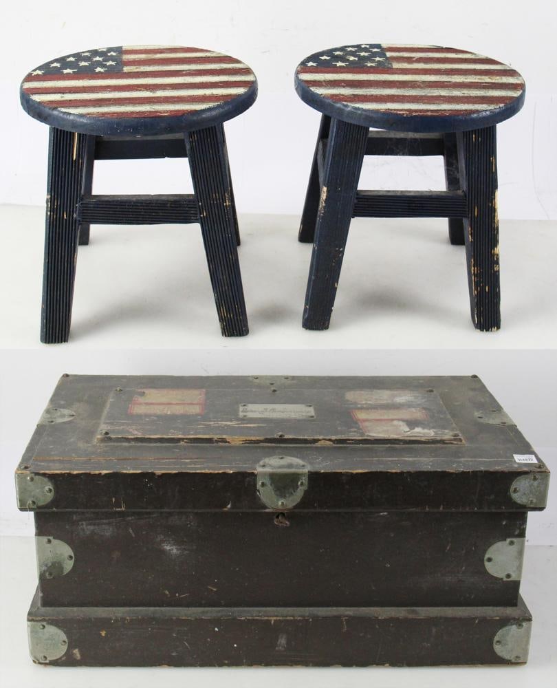 Old Tool Box, 1904, with Two Painted Stools: Old tool box, "Roger S. Cunningham Jan 1st 1904" inscribed on brass label, along with two small stools painted with flags. Provenance: Reading, Massachusetts collection.