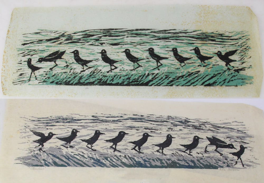 Ella Jackson, Two Shore Bird Prints: Ella Jackson, two works depicting shore birds, woodblocks or lithographic prints, signed, each 10" x 27 1/2". Provenance: South Chatham, Massachusetts collection.