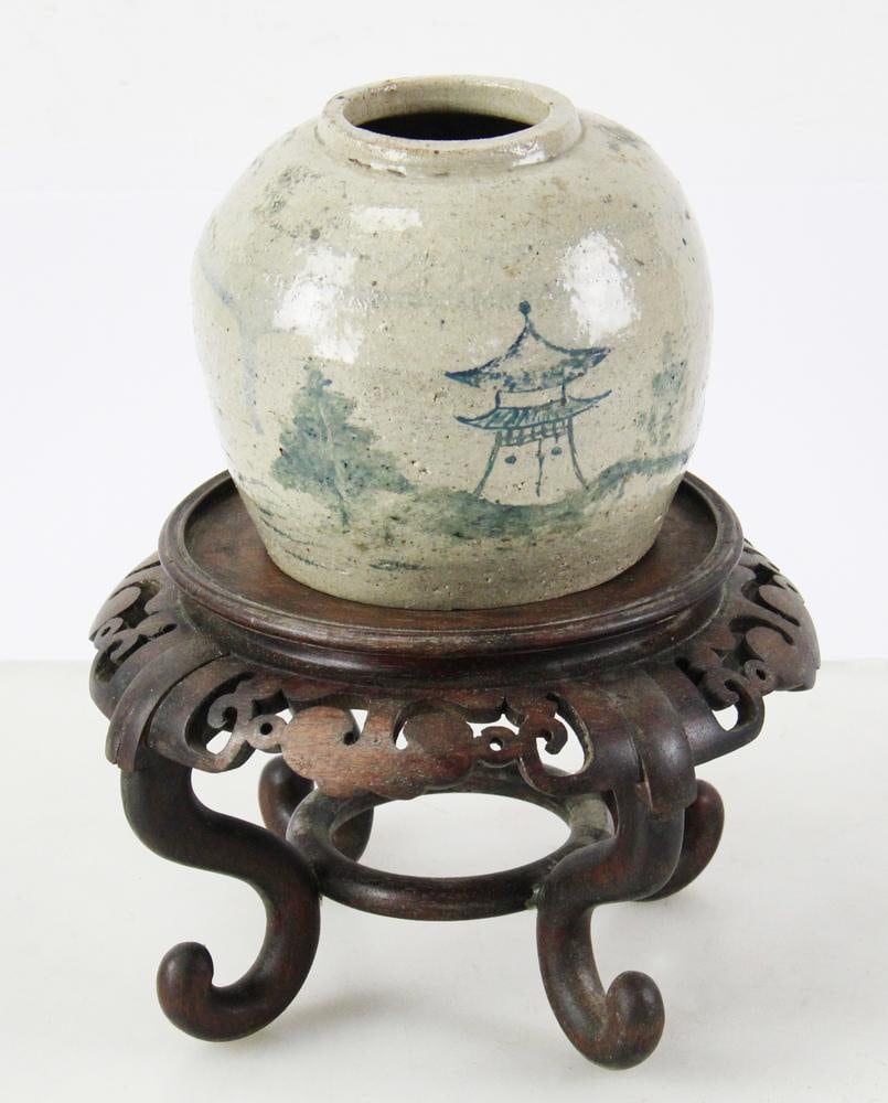 Chinese Ginger Jar and Stand, with Obi Needlework: Chinese ginger jar, 6" x 5", and stand, 3" x 6". With obi and needlework. Provenance: Woburn, Massachusetts collection.