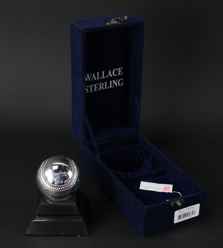 Wallace Sterling Baseball on Marble Base: Wallace sterling baseball on marble base. Approximately 5.9 troy oz TW. Provenance: Newton, Massachusetts collection. PLEASE NOTE: payment for silver, gold, jewelry, and coins must be made via wire tr