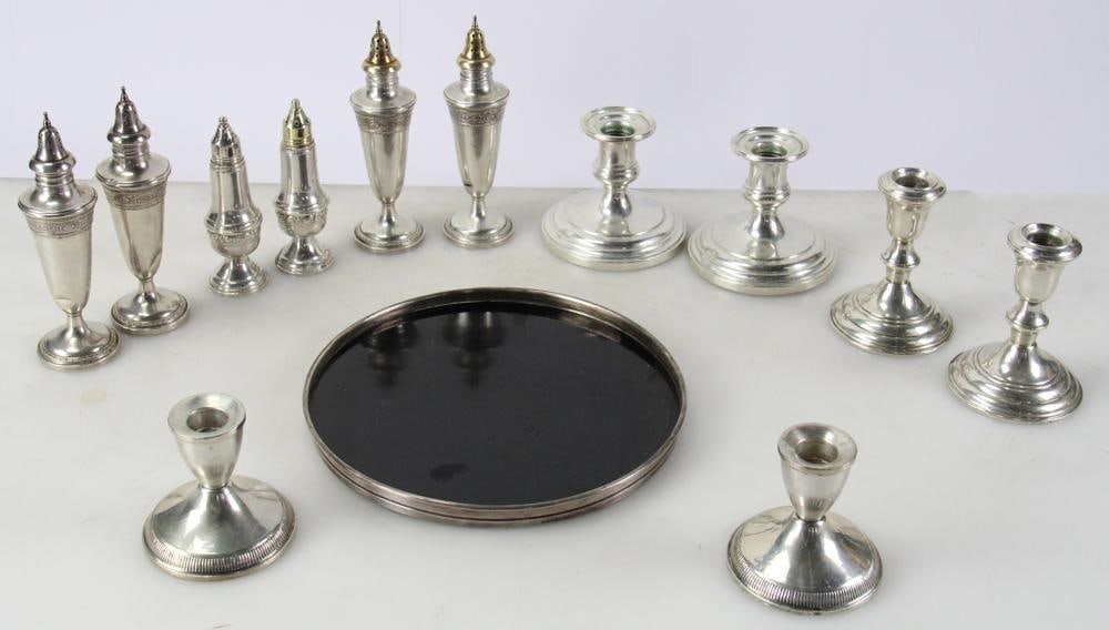 Group of Weighted Sterling Candlesticks, Salt and Pepper Shakers (1 of 12)