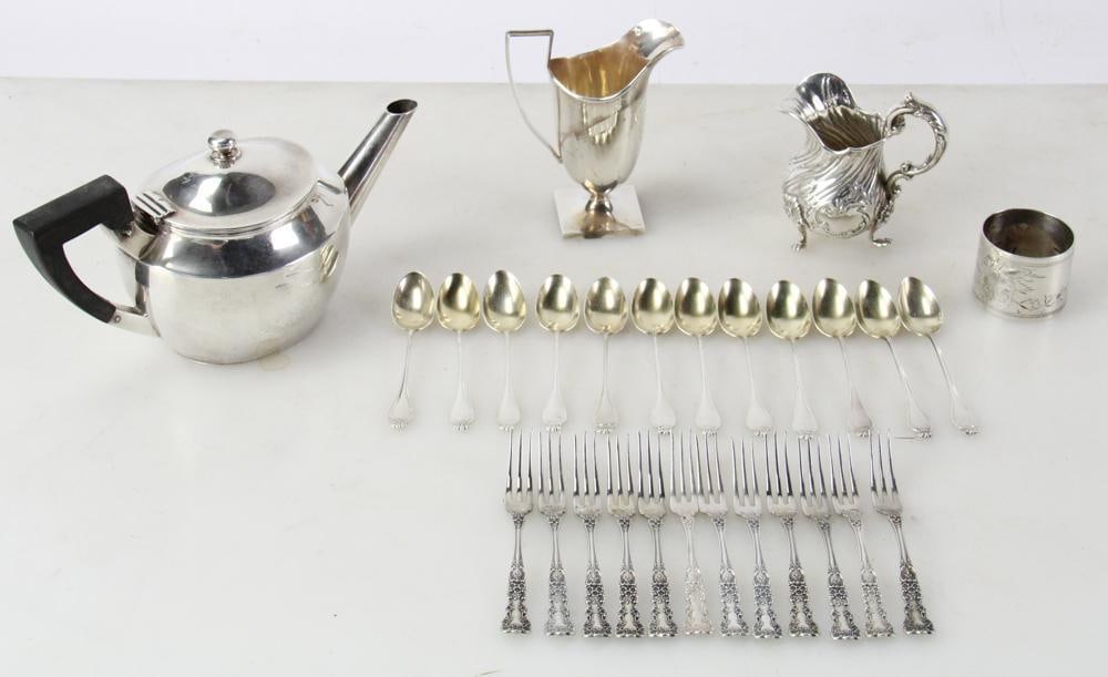 Sterling Items, Gorham Forks, Spoons, Teapot, etc.: Group of silver items including; (12) Gorham Buttercup pattern small forks, 4 1/2"; (12) demitasse spoons, 4 1/2", shell pattern; creamer, 4"; French creamer, 3"; napkin ring; Rand and Crane teapot wi