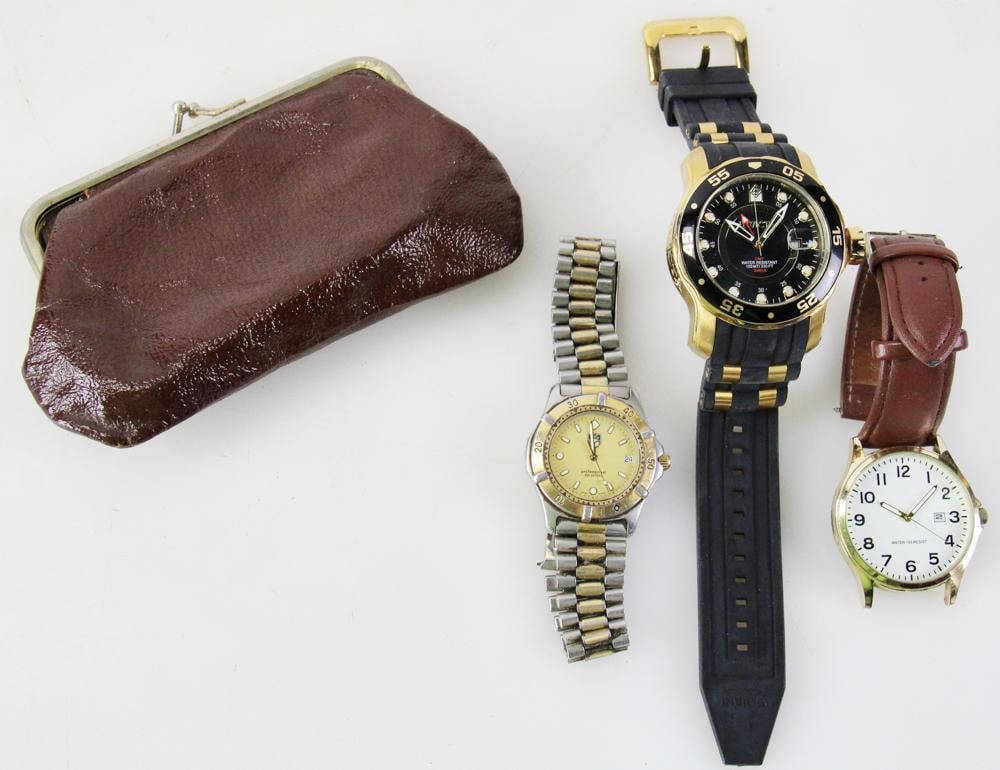Three Watches, Coin Holder: Three watches, to include coin holder. Provenance: Marblehead, Massachusetts collection.