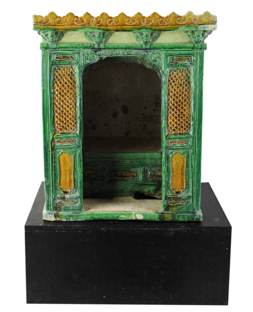 Chinese Ming Dynasty Glazed Pottery Shrine on Stand: Chinese Ming Dynasty glazed pottery shrine, 16" x 13" x 10", on wood stand 7" x 17" x 10". Provenance: Weston, Massachusetts collection.