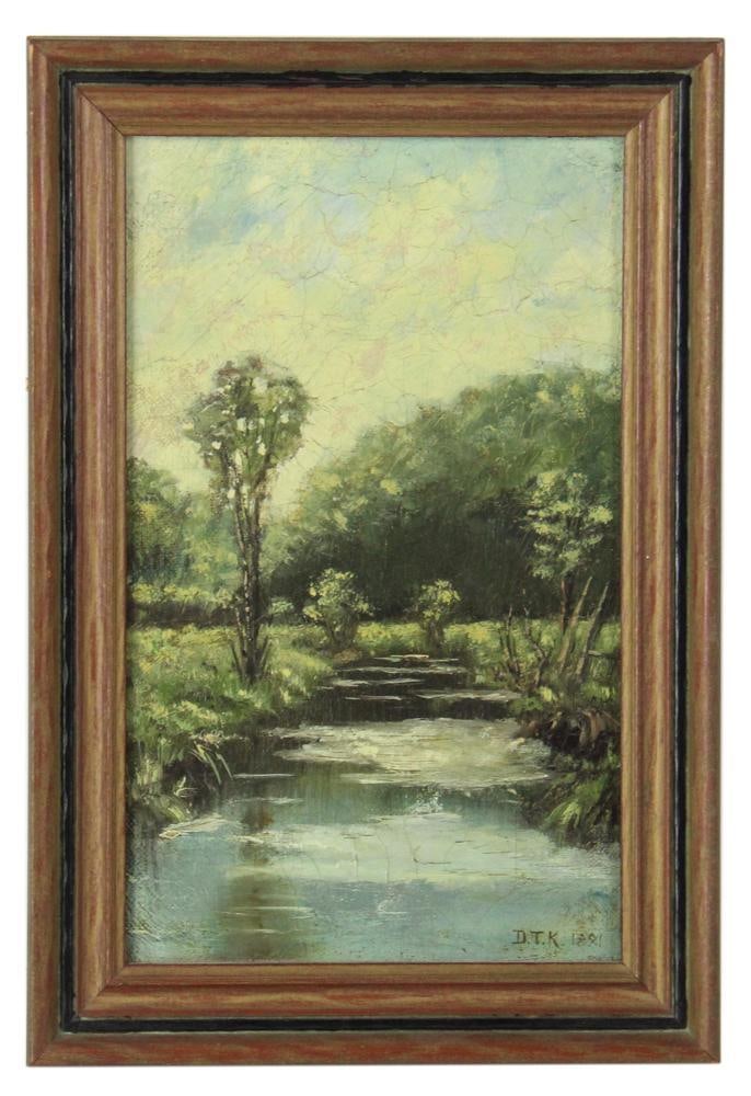 View of Pond, Oil on Canvas: View of pond, oil on canvas, initialed "DTK" and dated 1881 L/R, 9" x 5 1/2", framed 10" x 7". Provenance: Palm Beach, Florida estate.