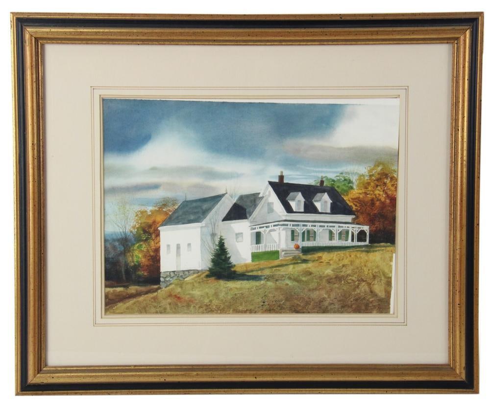 Donald Mosher, White Farm House, Watercolor: Donald Mosher (Cape Ann artist, 1945-2014), white farm house, watercolor, 10" x 14", framed 18" x 22". Provenance: Rockport, Massachusetts collection.